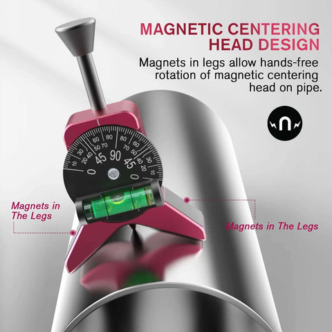 Pink Y-shaped magnetic pipe center finder installed on a pipe with adjustable dial protractor.