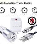 Heavy Duty Fast Charging Gear Featuring Quick Charge 3.0 Wall Plug And Snappy Car Adapter Plus Two Beefy Braided Usb C Cables.