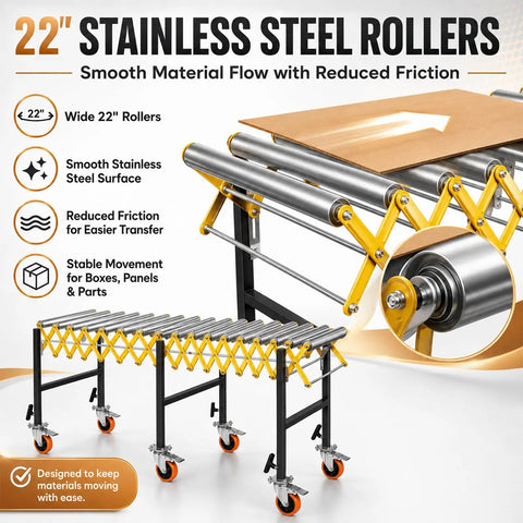 Adjustable Roller Stand For Conveyor With Locking Wheels Supports Up To 980 Lbs Expandable Infeed Outfeed Support System Height Adjusts Up To 50 Inches.