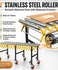 Tough As Nails Adjustable Conveyor Roller With 980 Lbs Capacity 25 Inch Wide Belt Modular Turning Layout Flexible Footprint For Smooth Heavy Lifts Workshop Setup And Easy Glide showing 22 inch stainless steel rollers for smooth material flow and reduced friction.