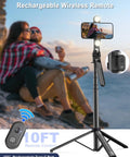 71 Inch Phone Tripod With Fill Light And Rechargeable Remote Aluminum Selfie Stick Stand with phone mounted outdoors