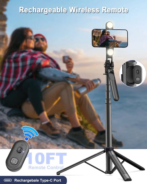 71 Inch Phone Tripod With Fill Light And Rechargeable Remote Aluminum Selfie Stick Stand with phone mounted outdoors