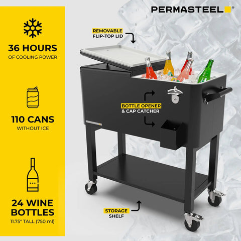 80 Quart Rolling Party Cooler With Divider And Removable Basin Includes Serving Tray Holds Up To 110 Cans Matte Black Ice Chest
