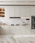 Modern kitchen with white cabinets featuring 100 Pack Brushed Nickel Cabinet Knobs Round Aluminum Alloy Kitchen Drawer Knobs Silver Hardware.