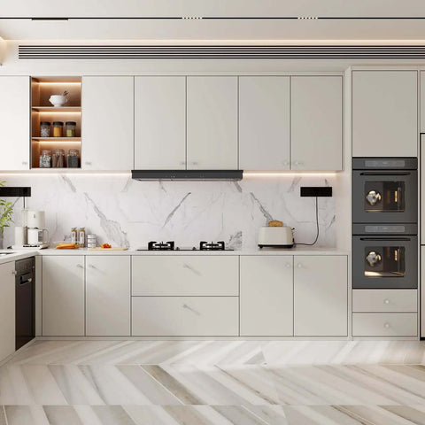 Modern kitchen with white cabinets featuring 100 Pack Brushed Nickel Cabinet Knobs Round Aluminum Alloy Kitchen Drawer Knobs Silver Hardware.