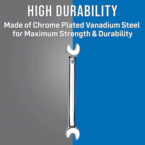 Angled Head Double Ended Speed Wrench 7/16 Inch With Patented 15 Degree Offset Open End, chrome vanadium steel on blue background