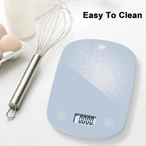 Ultra Slim Digital Kitchen Scale With 1G Precision And 11Lb Capacity blue with whisk and eggs, easy to clean text