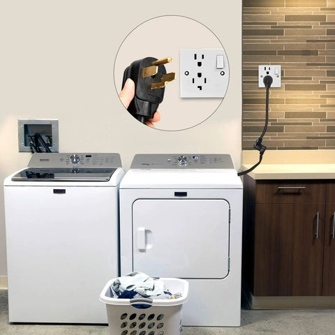 Laundry room showing one and a half foot 3 prong to 4 prong dryer plug adapter installed with washer and dryer.