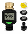 Water Flow Meter For RV With Brass Inlet And 180 Degree Rotating LCD Display Measures Gallon And Liter With Five Percent Accuracy Compatible With Three Quarter Inch Garden Hose Fittings Heavy Duty Brass Construction with LCD and hose fittings