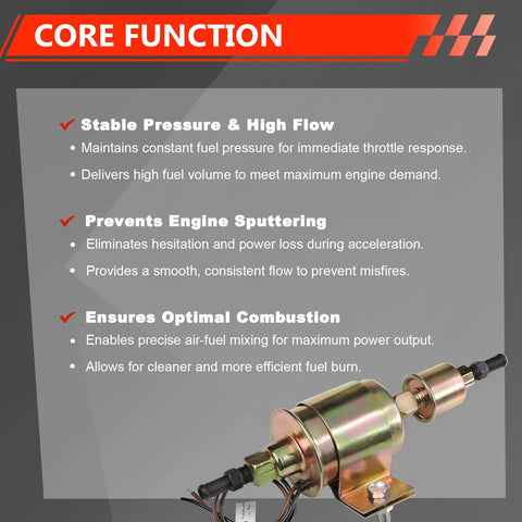 High Performance 12V Inline Fuel Pump For Gasoline And Diesel Engines With 5 To 9 PSI And 30 GPH shown in packaging with features listed.