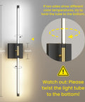 Super Slick 29 Inch Wall Sconces Set Of 2, Matte Black With Gold Accents, showing dimensions and usage instructions.