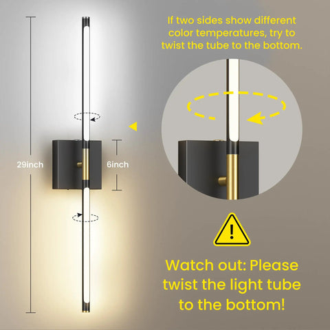 Super Slick 29 Inch Wall Sconces Set Of 2, Matte Black With Gold Accents, showing dimensions and usage instructions.