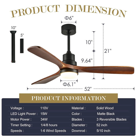 Infographic of 52 Inch Ceiling Fan With Lights For Indoor Outdoor Use Wood Blades Noiseless Three Blade Reversible DC Motor