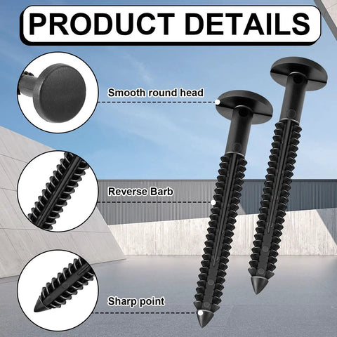 Product details showcasing heavy duty three inch black vinyl fasteners for secure installation on various surfaces.