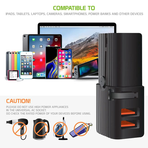 Dual Universal USB Travel Power Adapter With Dual USB Ports For Worldwide Use In 150 Plus Countries Includes US UK EU CN AU NZ Travel Ready For Your Phone Tablet And Other USB Chargers, black