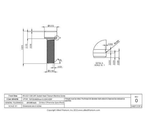 Pack Of Six Ten Thirty Two By Five Eight Inch Unf Socket Head Grade Five Titanium Machine Screws technical drawing dimensions