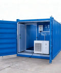 Custom Built Walk In Cold Storage Container With A Badass Commercial Refrigeration Setup And Clean Stainless Steel Interior For Rock Solid Frozen Inventory Holding, showing open blue container with refrigeration unit.