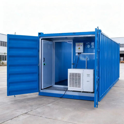 Custom Built Walk In Cold Storage Container With A Badass Commercial Refrigeration Setup And Clean Stainless Steel Interior For Rock Solid Frozen Inventory Holding, showing open blue container with refrigeration unit.