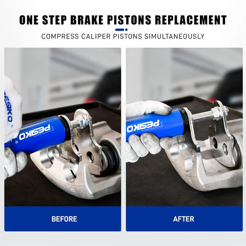 Quad Caliper Piston Compressor Tool Heavy Duty Pneumatic Brake Caliper Press in use for caliper pistons before and after compression.
