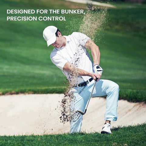 Golfer using 60 Degree Golf Sand Wedge For Right Handed Players with CNC milled grooves in bunker