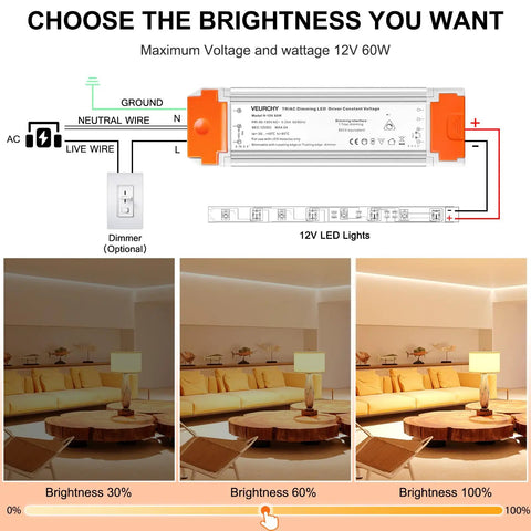 Dimmable LED Driver 12V DC 60W Triac Dimming Transformer For LED Strip Lights 120V AC Input Isolation Protection with brightness settings