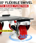 Close-up of 360° flexible swivel caster with brake function for Heavy Duty Furniture Dollies Set With 360 Degree Swivel Casters And Smooth Rolling Wheels. Supports Up To 3300 Lbs For Moving Couches, Fridges, Safes, And Washing Machines Easily. Includes Pry Bar And Protective Mats For Safe Transport Anywhere.