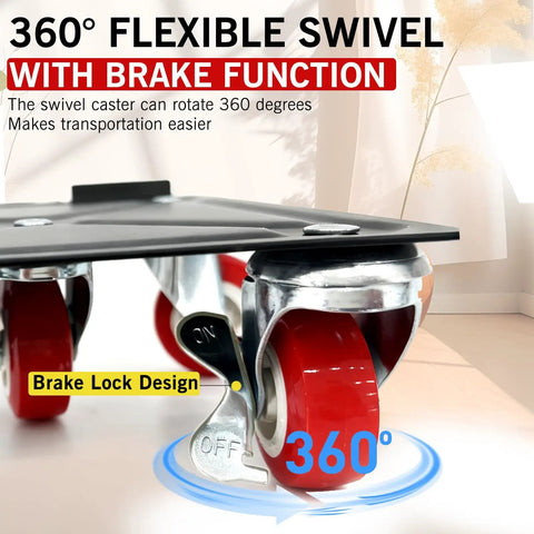 Close-up of 360° flexible swivel caster with brake function for Heavy Duty Furniture Dollies Set With 360 Degree Swivel Casters And Smooth Rolling Wheels. Supports Up To 3300 Lbs For Moving Couches, Fridges, Safes, And Washing Machines Easily. Includes Pry Bar And Protective Mats For Safe Transport Anywhere.