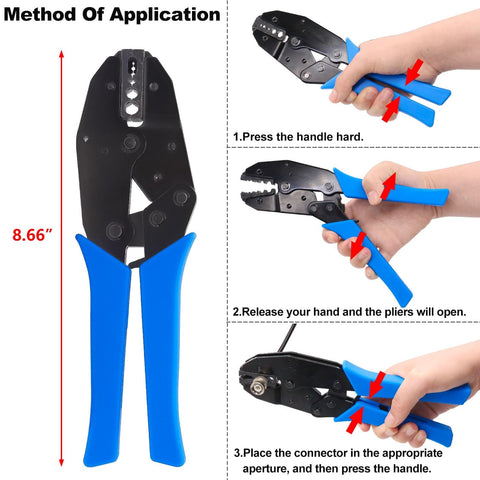 Coaxial Cable Tool Kit With Heavy Duty BNC Crimp Tool And 8 BNC And UHF Male Connectors showing usage method and size