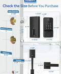 Smart Keyless Entry Door Lock With Handle, Bluetooth App Control Front Lock, Keypad shown with dimensions and installation guide