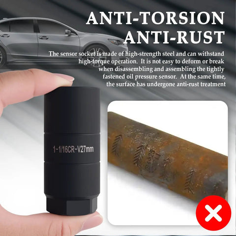Killer Build Car Oil Pressure Sensor Socket With Three Eighth Inch Drive Anti Rust Twenty Seven Millimeter Size One One Sixteenths Inch Fit shown in hand, highlighting high-strength steel material.