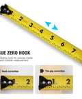 Magnetic Tape Measure 25 Ft With Fractions 1/8 Inch showing dual-sided readings and sliding true zero hook for accurate measurements.