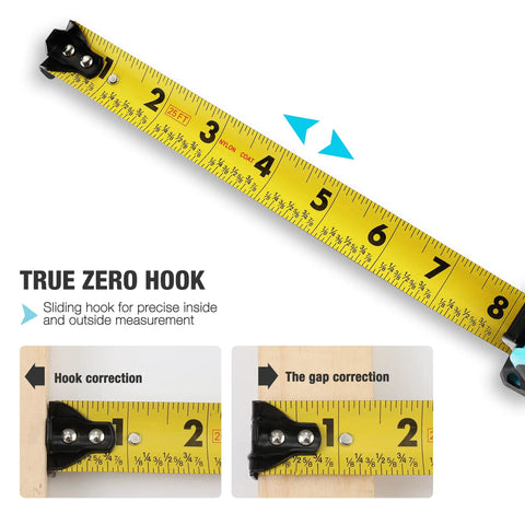 Magnetic Tape Measure 25 Ft With Fractions 1/8 Inch showing dual-sided readings and sliding true zero hook for accurate measurements.