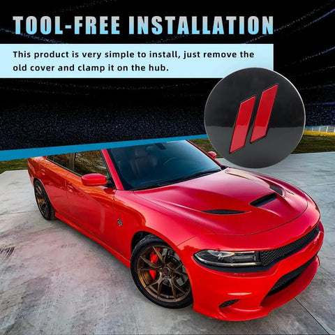 63mm Wheel Center Cap Slash Covers Black Red For Dodge Charger with red car and tool-free installation text