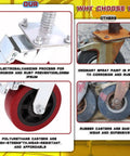 Top Notch Four Pack Adjustable Leveling Scaffolding Wheels With Rock Solid Screw Jack Base Feet For Tubular Frames Heavy Duty Ball Bearing Rolling Casters shows red polyurethane wheel with galvanized steel base.