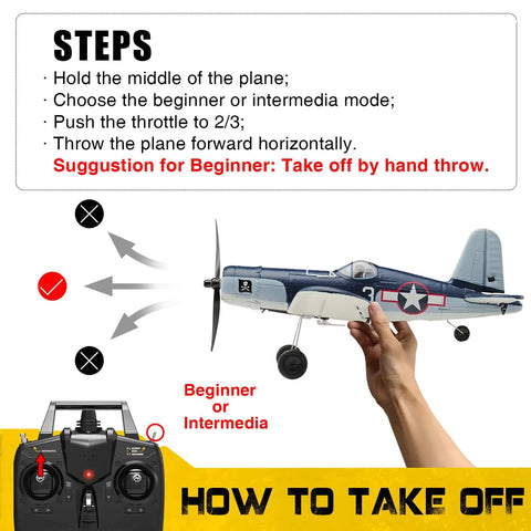 F4U Corsair RC Plane 4 Channel RTF with Xpilot Stabilization in hand, showing beginner-friendly takeoff instructions.