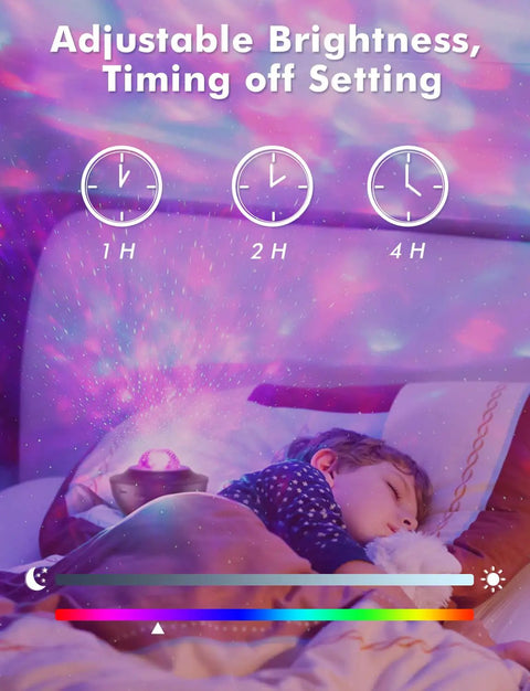 Child sleeping under Star Projector Night Light With Bluetooth Speaker And App Control For Bedroom Decor Great For Kids And Adults