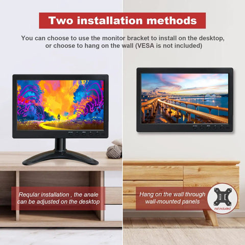 15.6 Inch IPS FHD Monitor With Remote, Versatile HDMI VGA AV BNC USB Inputs, desktop and wall installation options shown