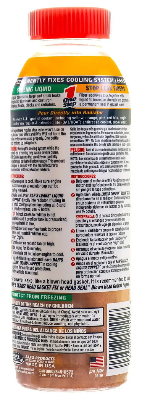 Back view of Liquid Copper Block Seal For Intake And Radiator Leaks, Stops Coolant Loss Permanently, Antifreeze Safe, 18 Oz bottle