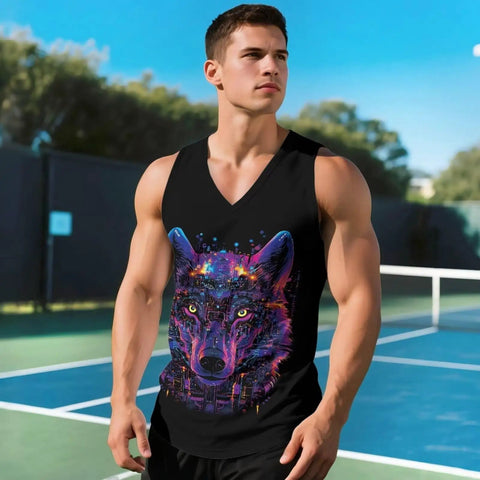 Dope Men's Graphic Tank Top Sleeveless V Neck Shirt Quick Dry Athletic Gym Vest worn by man on tennis court