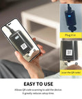 Matter Ready Outdoor Smart Plug WiFi Heavy Duty IP65 Weatherproof Outlet 15 Amp Compatible With Alexa Google Home HomeKit displayed with QR code on smartphone screen