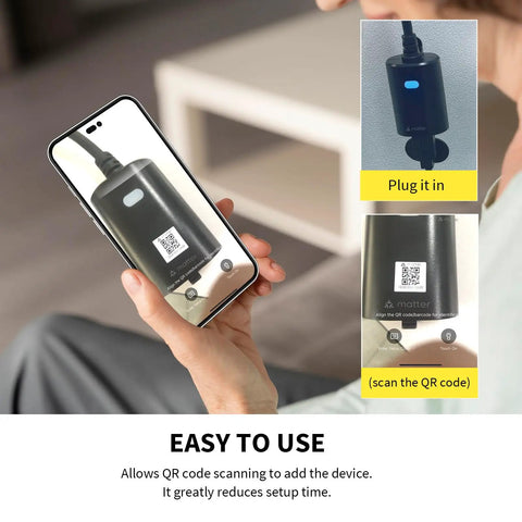 Matter Ready Outdoor Smart Plug WiFi Heavy Duty IP65 Weatherproof Outlet 15 Amp Compatible With Alexa Google Home HomeKit displayed with QR code on smartphone screen