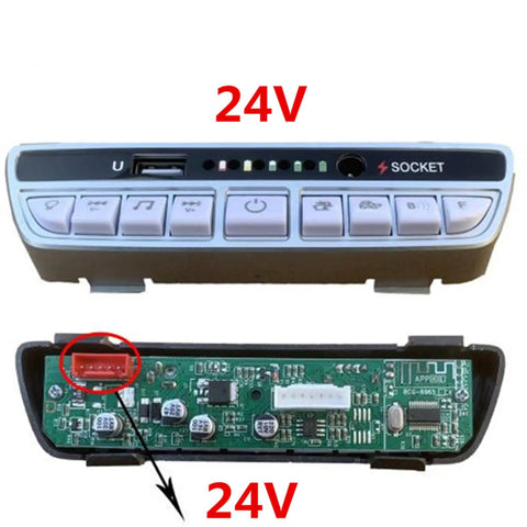 24V Kid Friendly Ride On Car Center Console Power Supply Switch With Bluetooth Music Display Panel And Speed Control Multi Function Replacement Part For Electric Toy Vehicle, front and back view