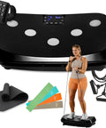 Rumblex 4D Vibration Plate Exercise Machine with woman using resistance bands for home workouts, fat loss, muscle toning, recovery.