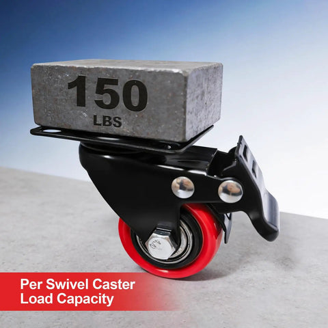 Heavy Duty 2 Inch Caster Wheels With Dual Brakes Silent Polyurethane Swivel Rollers Rock Solid 150 Lb Capacity Each with brake block.