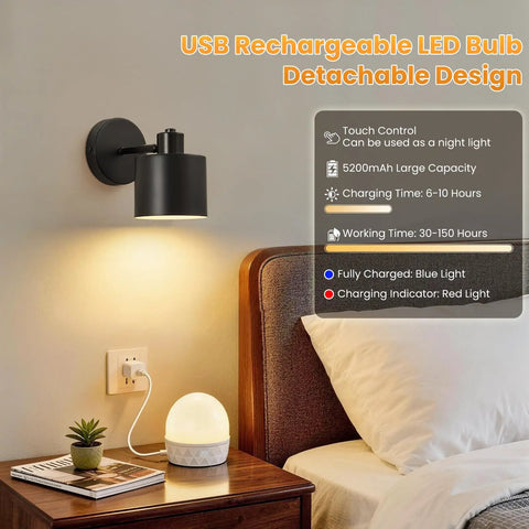 Lightess Battery Powered Wall Sconces Set of Two Black with Remote Control mounted beside bedside with USB rechargeable bulb.