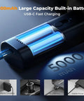 2 In 1 Air Blower And Suction Duster With Brushless Motor, 150000 RPM, showing 5000mAh USB-C fast charging battery for portability.