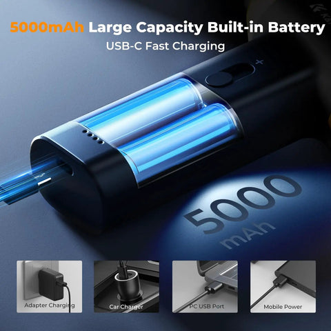 2 In 1 Air Blower And Suction Duster With Brushless Motor, 150000 RPM, showing 5000mAh USB-C fast charging battery for portability.