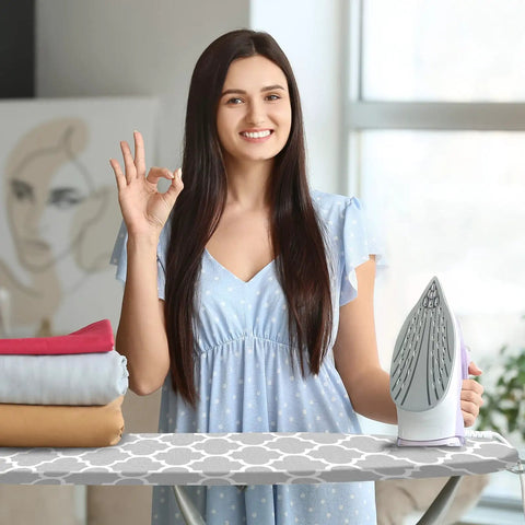 Woman using Standard Size 15 X 54 Inches Ironing Board Cover And Pad With Four Layer Extra Thick Padding Resists Scorching And Stains