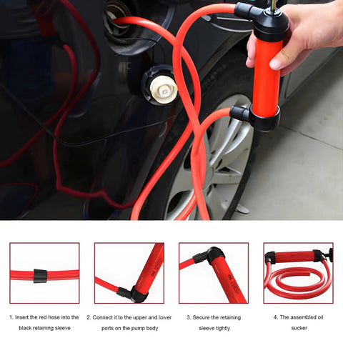 Using Grab-And-Go 3-In-1 Siphon Fluid Transfer Pump For Gas, Oil And Liquids with red hoses and instructions