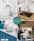 Single Handle Swivel Spout Bathroom Sink Faucet With Pop Up Drain Overflow And Flexible Supply Hose Brushed Nickel Finish Drip Free Ceramic Disc Valve Ideal For Bar Sinks And Small Kitchens shown in various settings, including bathroom, kitchen/bar, laundry, and camper/RV.